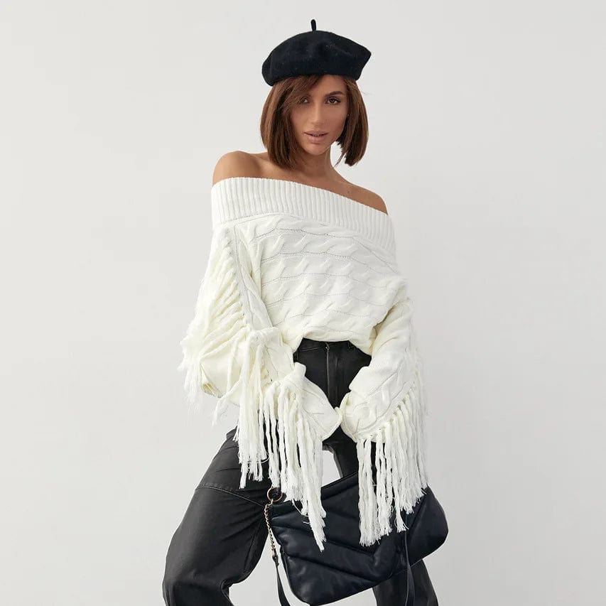 S / White OUDINA Popular Women's Off Shoulder Sweater Autumn And Winter Tassel Solid Color Slimming Knitted Sweater