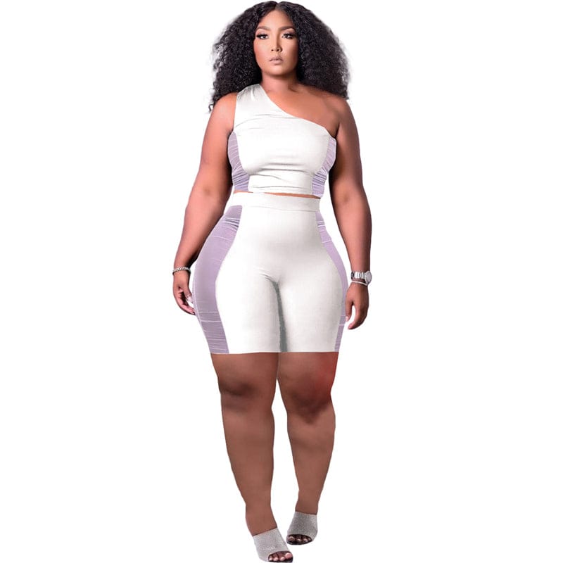 S / White plus size women's trending clothing summer 2023 sleeveless one shoulder crop tank top 2 two piece shorts set women for women