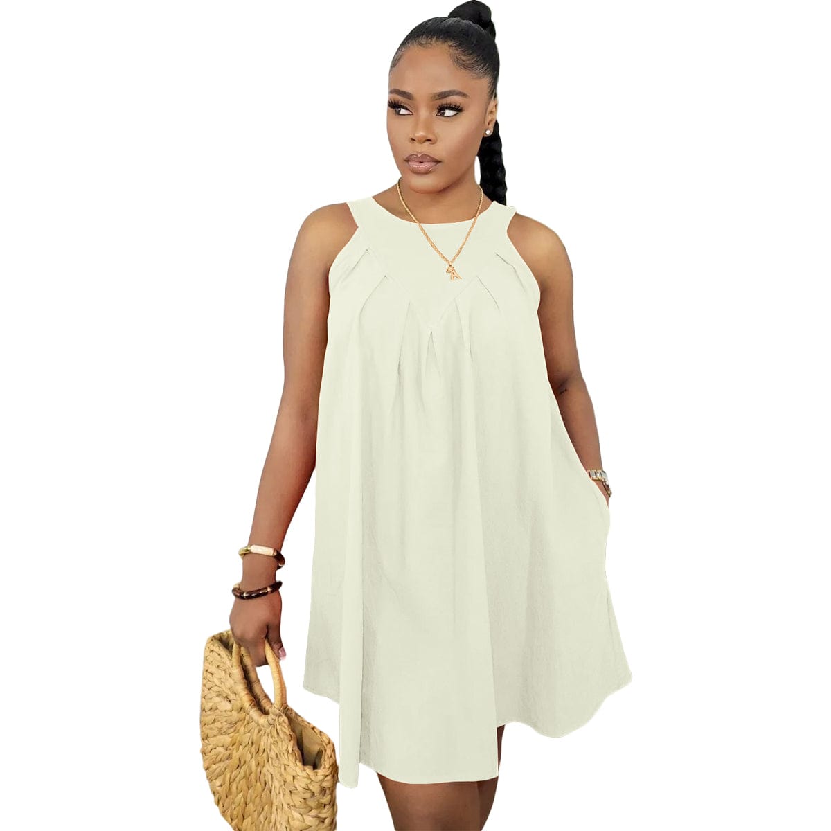 S / White Popular Clothing 2022 New Sleeveless Solid Color Sleeveless Cotton Pocket Loose Dress