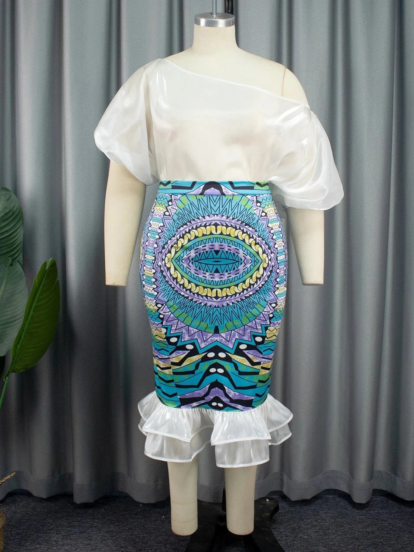 S / White Printed Skirt Ruffles One Shoulder Satin Midi Women Two Pieces Sets