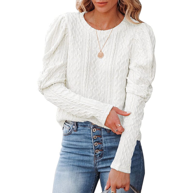 S / White Pullover Women's European American New Solid Color Round Neck Gigot Sleeve Top Sweater Women
