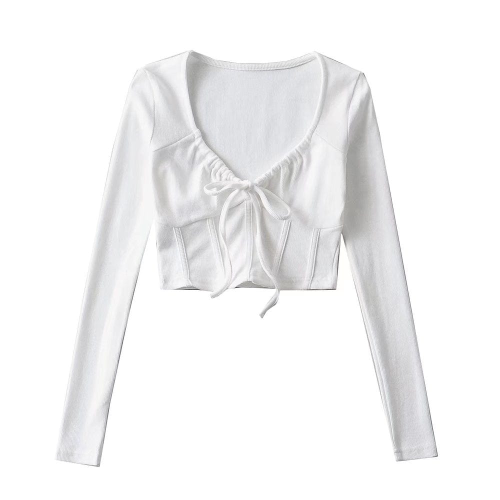 S / White R20129S 2022 New design women's fashion solid color slim short drawstring fishbone stickers long-sleeved T-shirt