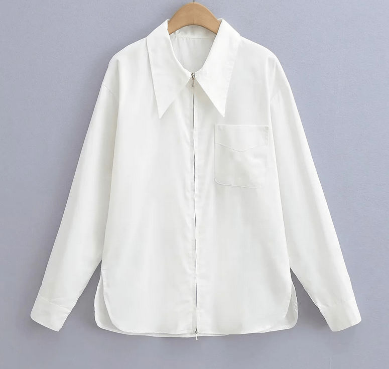 S / White Runwaylover 1335 Ladies Zipper Front Fashion Long Sleeve Blouse