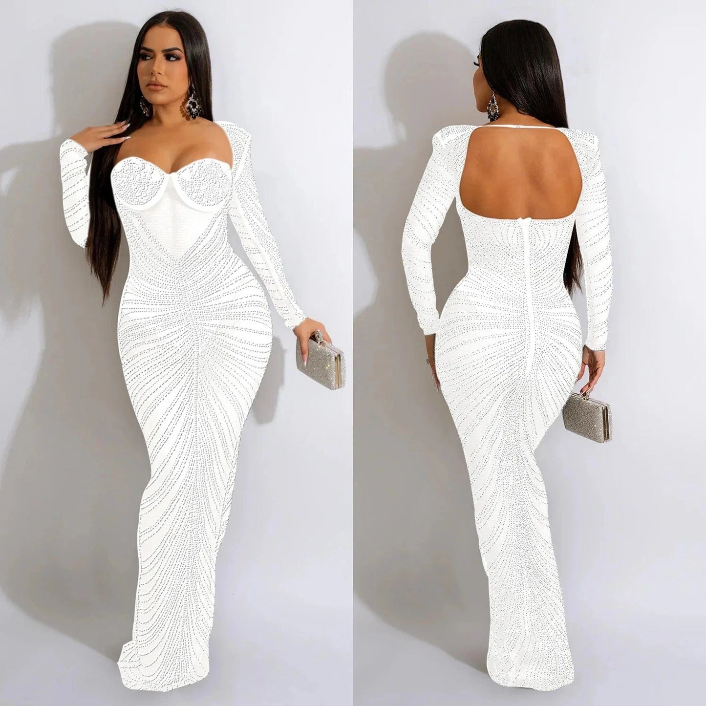 S / White Sexy Mesh Rhinestone Crystal Maxi Dress New Women Long Sleeve Sheer Skinny Night Club Long Dress