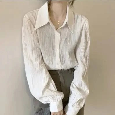 S / White Spring And Autumn Women Shirt Femininity Loose Thin Long Sleeves Comfortable Casual Polo Neck Design Sense Public Lady Blouse