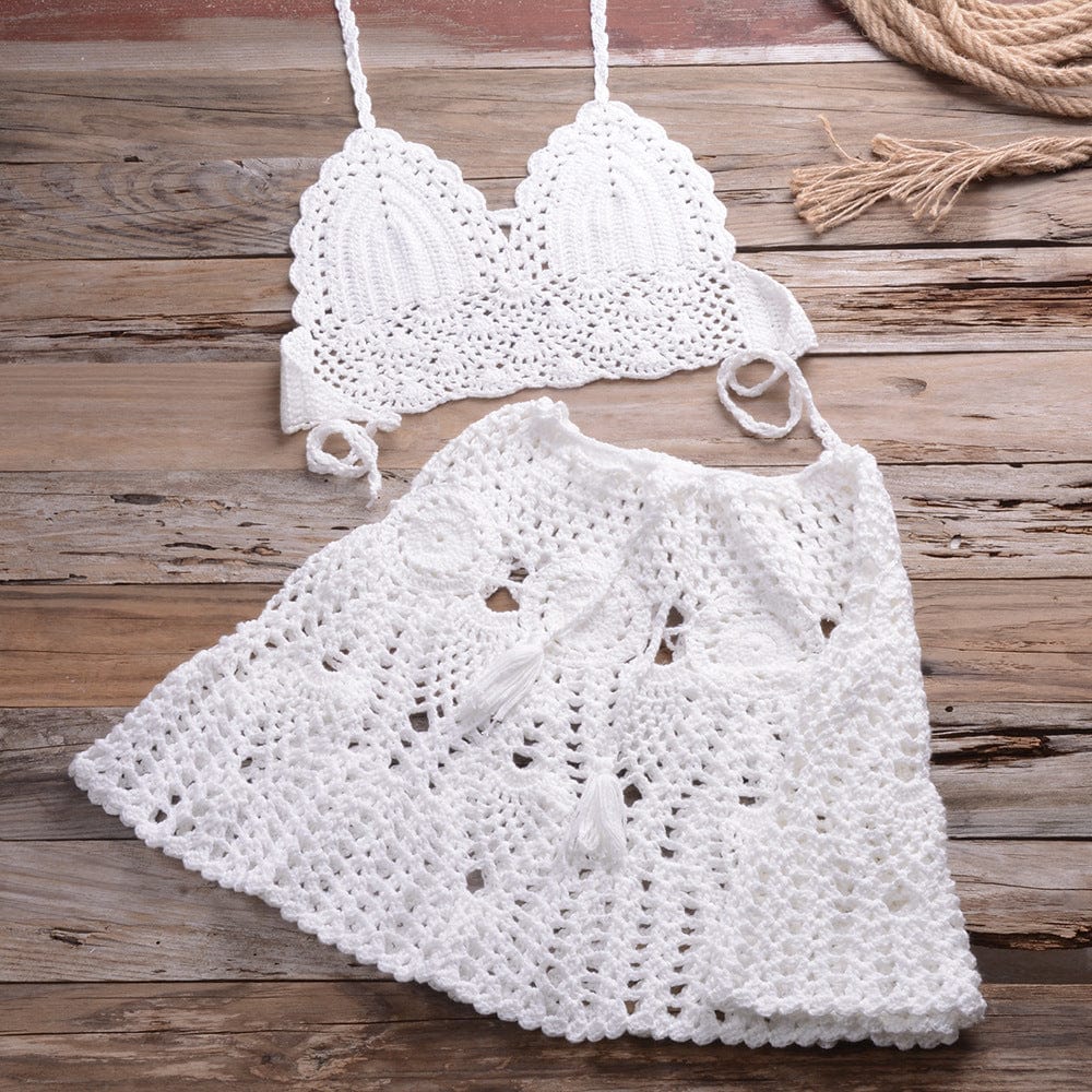 S / White STYZ-6905+5909  Eco friendly swimwear women's crochet swimwear hand knit sexy split bikini suit ladies beachwear