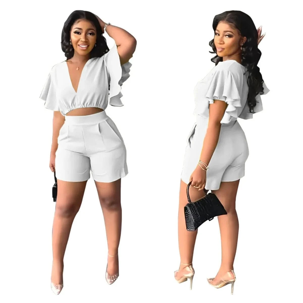 S / White Summer Women's Sets Ruffled Sleeve V-neck Top + High Waist Pocketed Shorts Suit Lady Solid Casual Two Piece Set