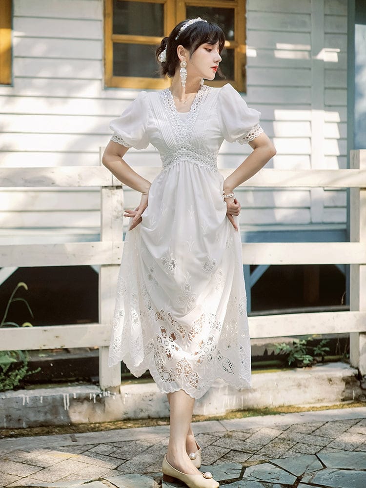 S / White Sweet White Beading Dress Lolita Women V Neck Lace Bubble Sleeve Midi Luxury Bridesmaid Prom Dresses 2022 For Quinceanera