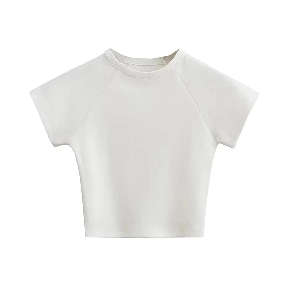 S / White T shirt Manufacture Crop Bady Tee Custom logo Cute crew neck raglan seam short sleeve crop t shirts for women