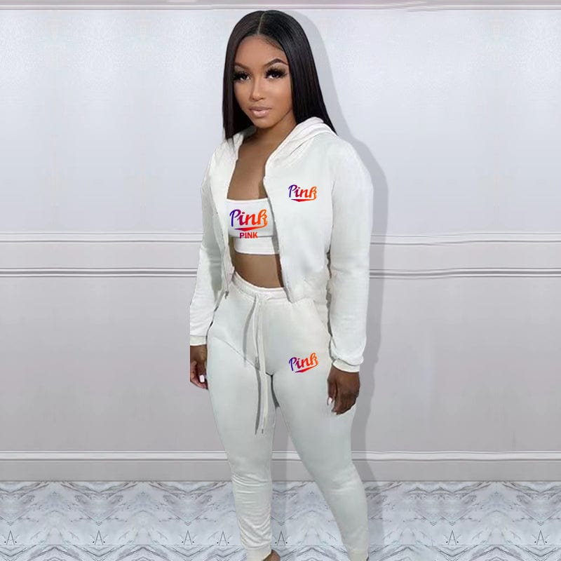 S / White Trendy Women Clothes Casual Print Gradient Patchwork Sweatsuit Hooded Collar Long Sleeve Three Pieces