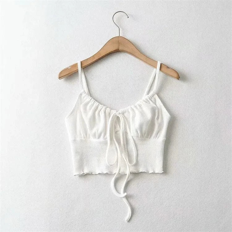 S / White Wholesale 2022 Summer Crop Top with Drawstring Sleeveless Hollow Out Waffle Women Crop Tank Top