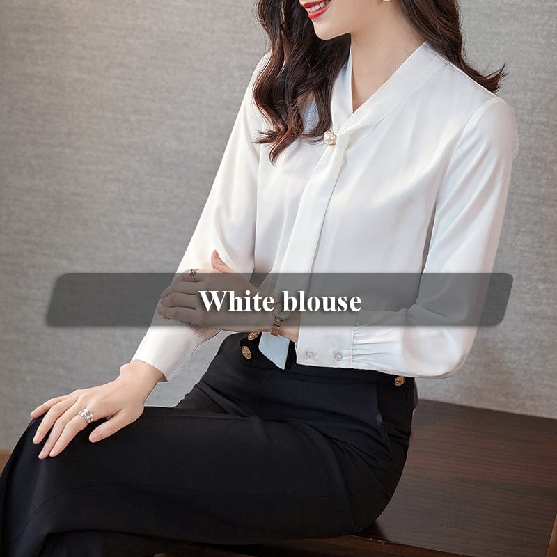 S / White Wholesale High Quality New Elegant Female Loose Shirt Tie Collar Beige White Casual Women Long Sleeve Silk Office Ladies Blouses