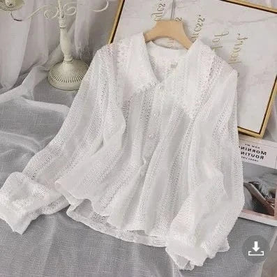 S / White Wholesale Women Girls Sweet Lace Knit Hollow Out Shirt Doll Collar Solid Color Shirts Tops Fashionable Casual Shirt
