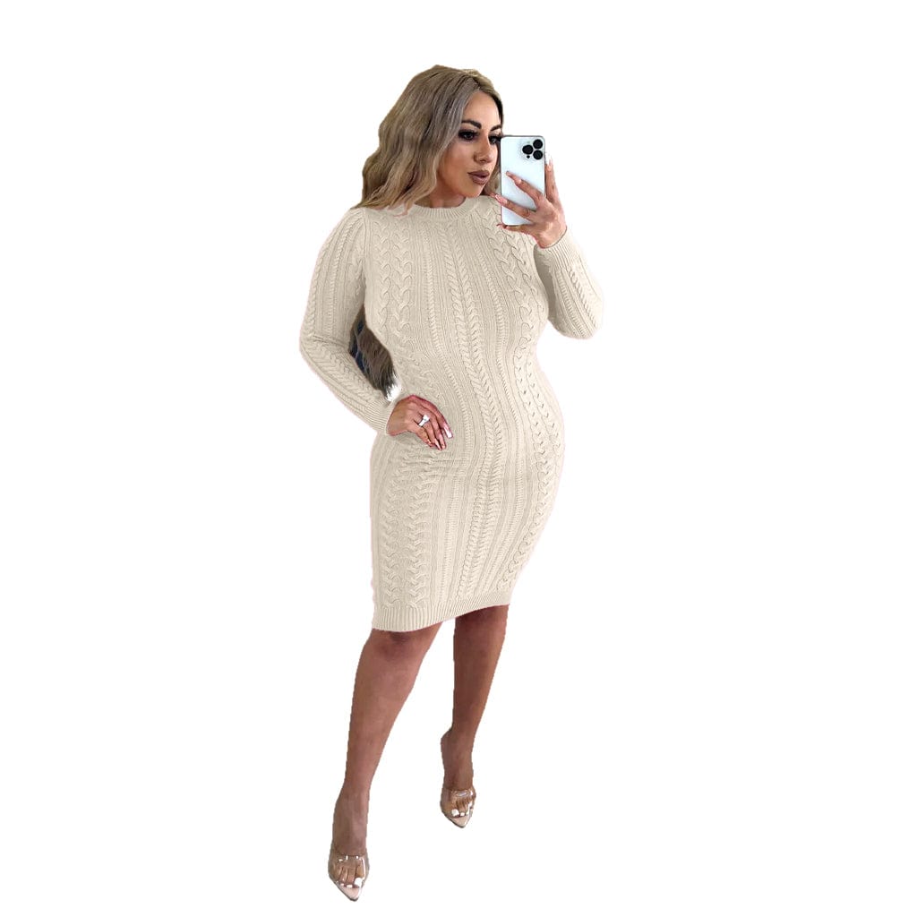 S / White Winter Sexy Long-sleeved Fashion Exclusive Knit Round Neck Backless Sweater Dresses