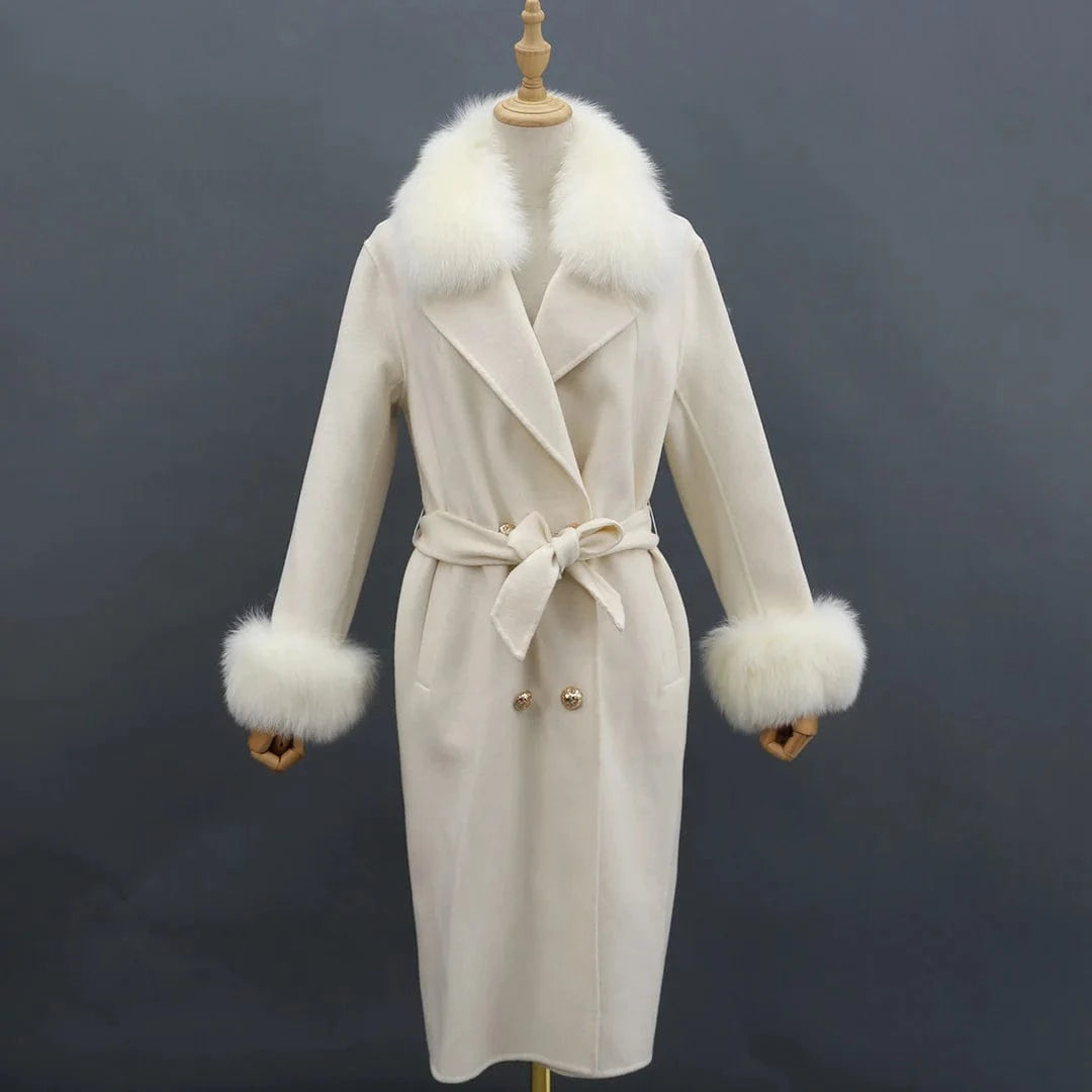 S / White Winter Trend Real Fox Fur Collar Cashmere Wool Coat with Fur Cuffs