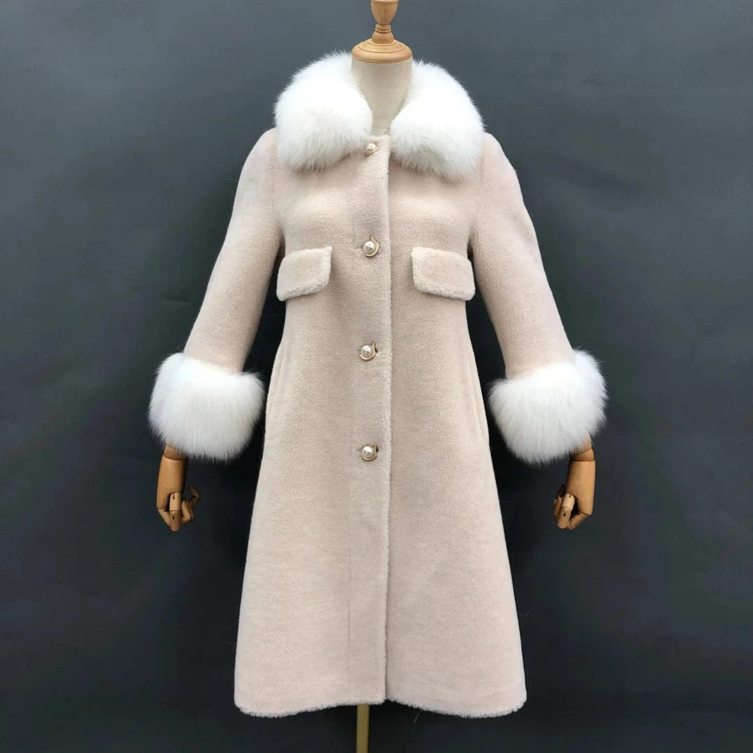 S / White Winter warm genuine fox fur collar and cuff women real sheep shearling coat