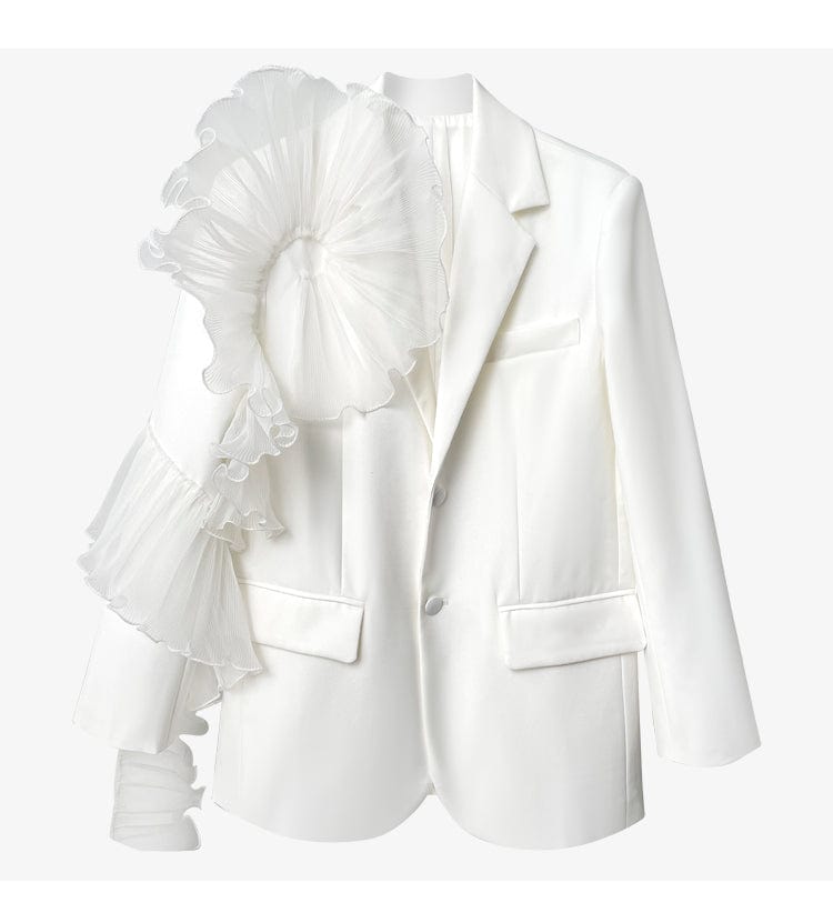 S / White Women Blazer Asymmetry Ruffle Patchwork White Long Blazers And Jackets irregular Vintage Casual Suit Coats New