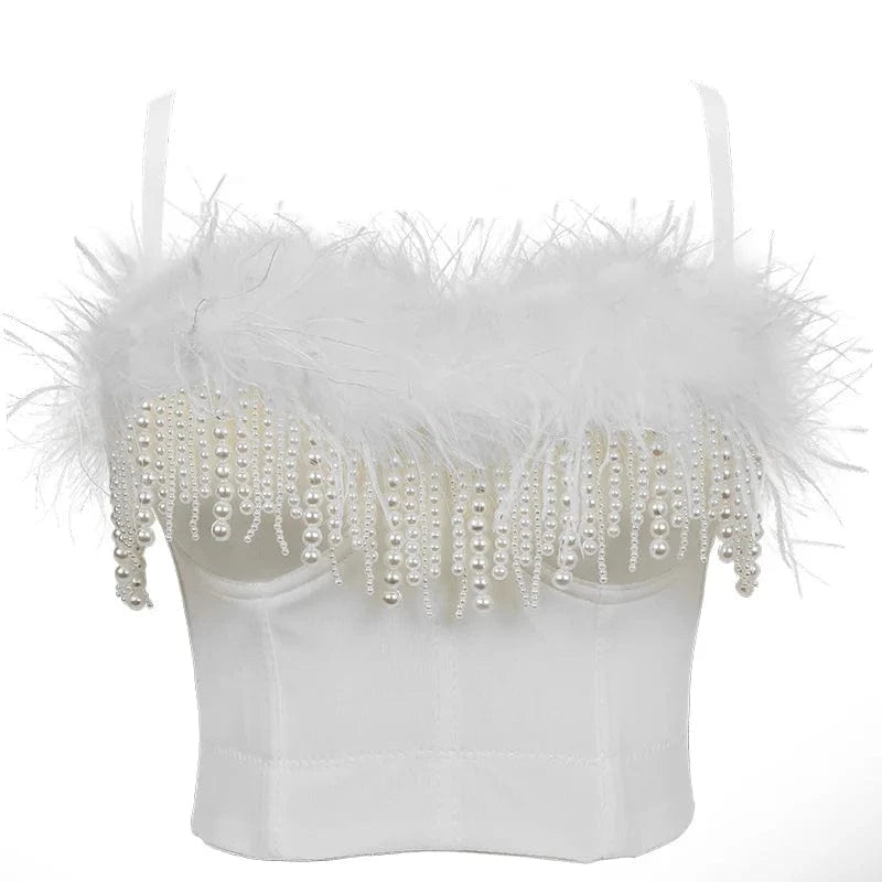 S / White Women Sexy Nail bead embroidery Feathers spaghetti strap camisole tops teen girls Camisoles for Girls