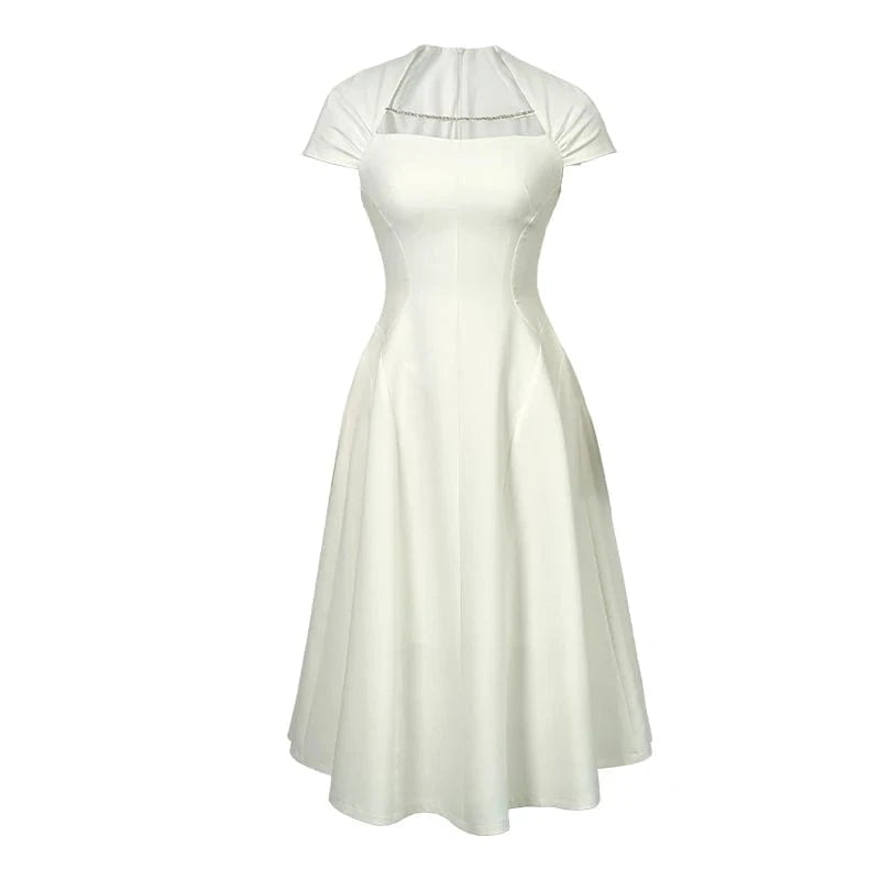 S / White ZYHT 9625 Fashion Square Neck White Black Bridesmaid Dresses Solid Woven A Line Swing Hepburn Style Long Dress