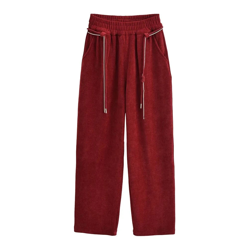 S / Wine High Quality Chenille Inner Brush Wide Legs Ladies Sweatpants YK2 Waist Chain Drawstring buckle Female Trousers Joggers Women