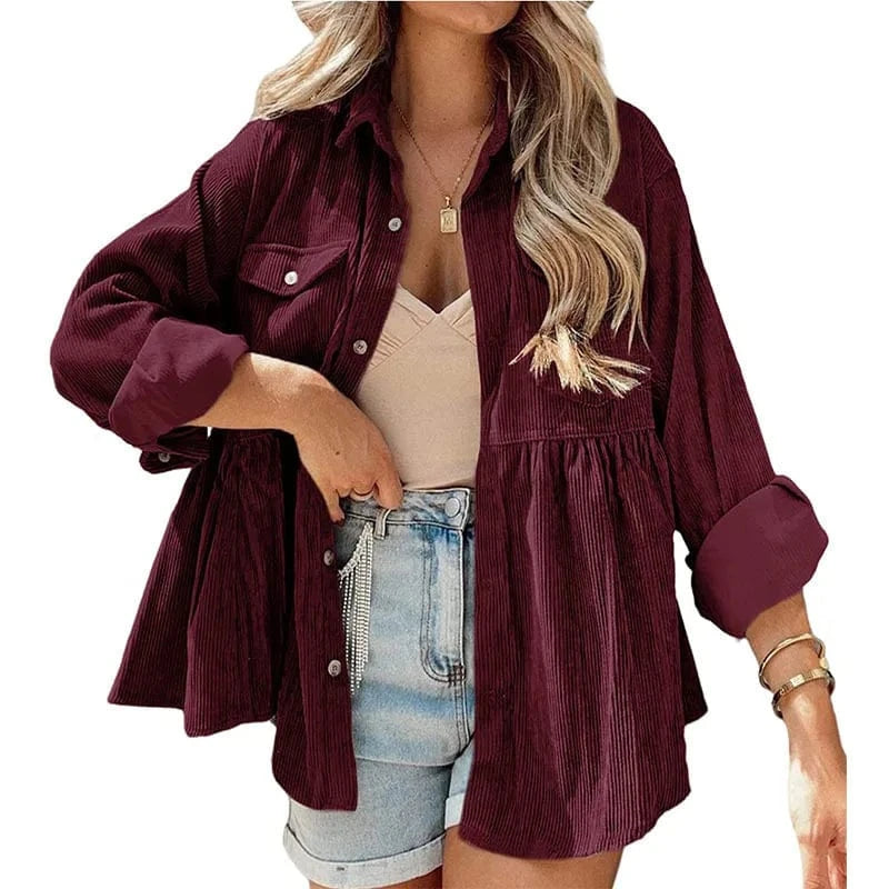 S / Wine Red 2023 New European and American Cross-border Women's long-sleeved Corduroy ruffled shirt Top buckle shirt For women