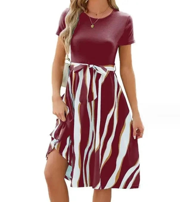 S / Wine Red 2024 Spring Summer Women Causal Dress Solid Color Patchwork Printed Short Sleeve O-Neck Lady's Midi Casual Hem Dress