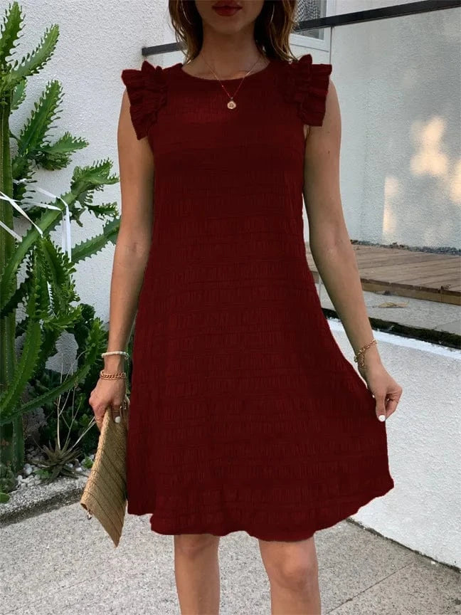 S / wine red 2024 Summer New Solid Color Auricular Edge Fashion Casual Art Sleeveless Dress Women's Mid length Dress
