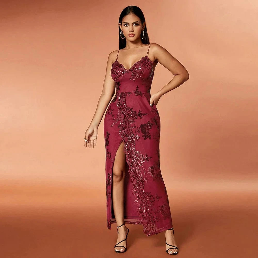 S / Wine Red DMU90063 New Sequined Spaghetti Strap Gauze Sexy Woman Dress Split Casual Party Evening Dresses Summer Elegant Slim Vestidos