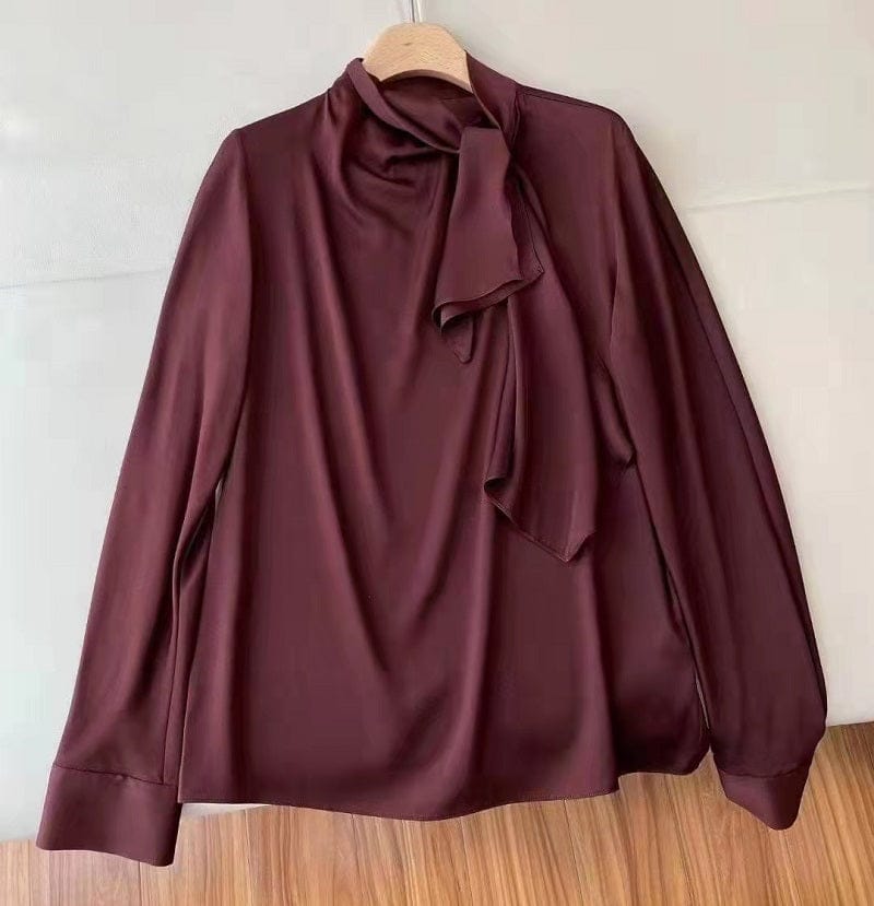 S / wine  red Top Quality Silk Blouses 2023 Spring Summer Silk Shirt Women Bow Deco Long Sleeve Elegant Grey Wine Red White National Silk Top