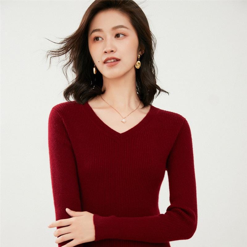 S / Wine Red Women's V-Neck Sweater Slim-Fit Low Collar Knitwear Pullover Short Base Shirt Long Sleeve Heart