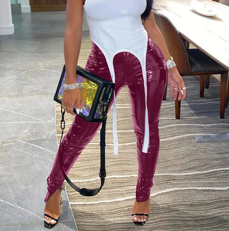 S / wine red Womens stretch girls sexy fashion faux leather sexy shiny metallic trousers lady PU pants with straight-leg