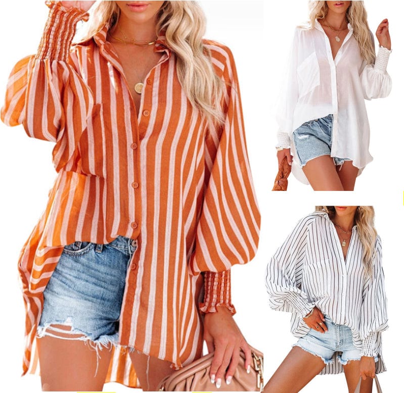 S-XL Beach Resort Sunscreen Cover Fashion casual mid length striped shirt Single breasted cardigan with pockets