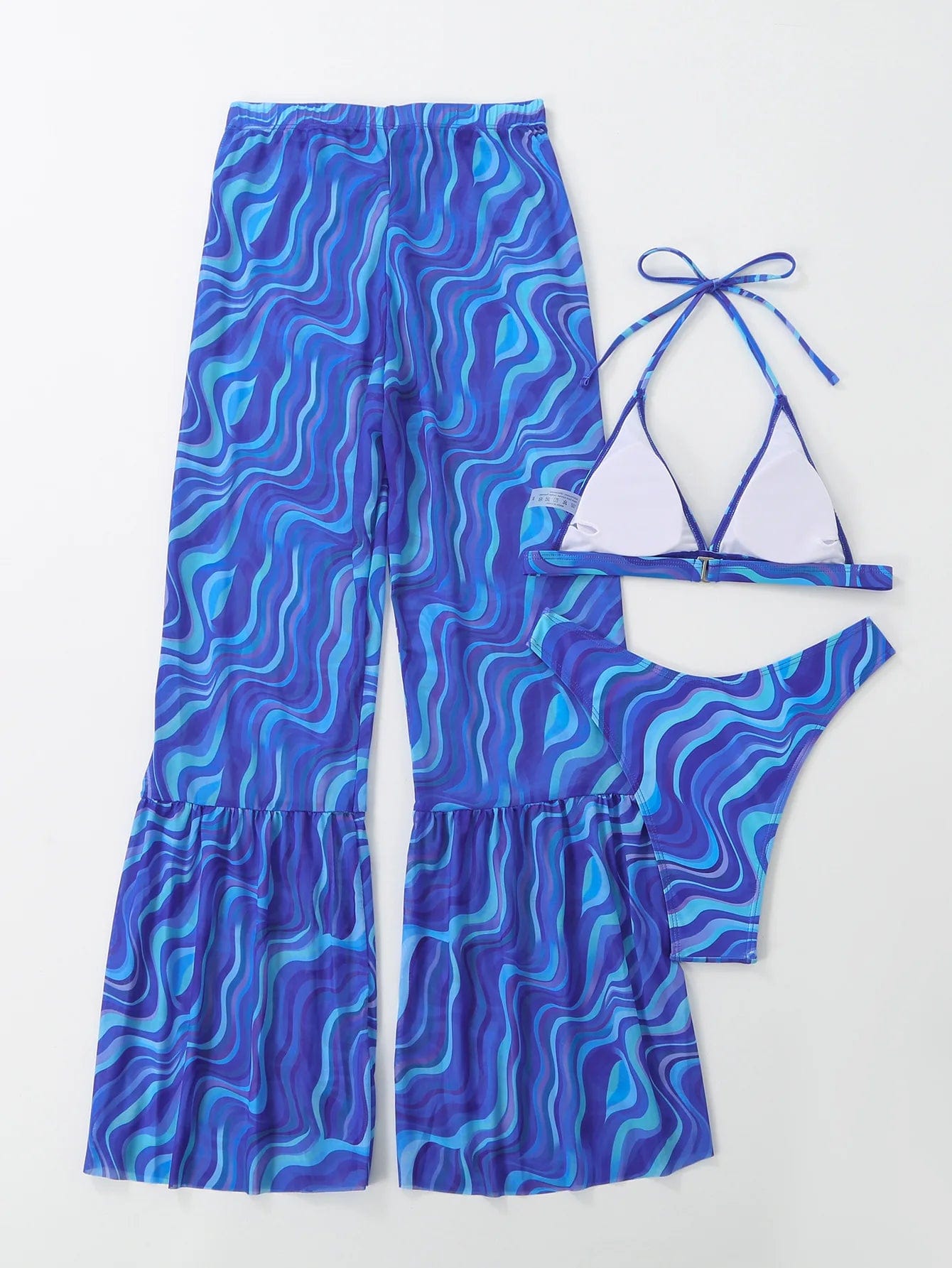 S-XL Bikini Swimsuit Wave printed swimsuit Women's Split Mesh Pants Bikini Set