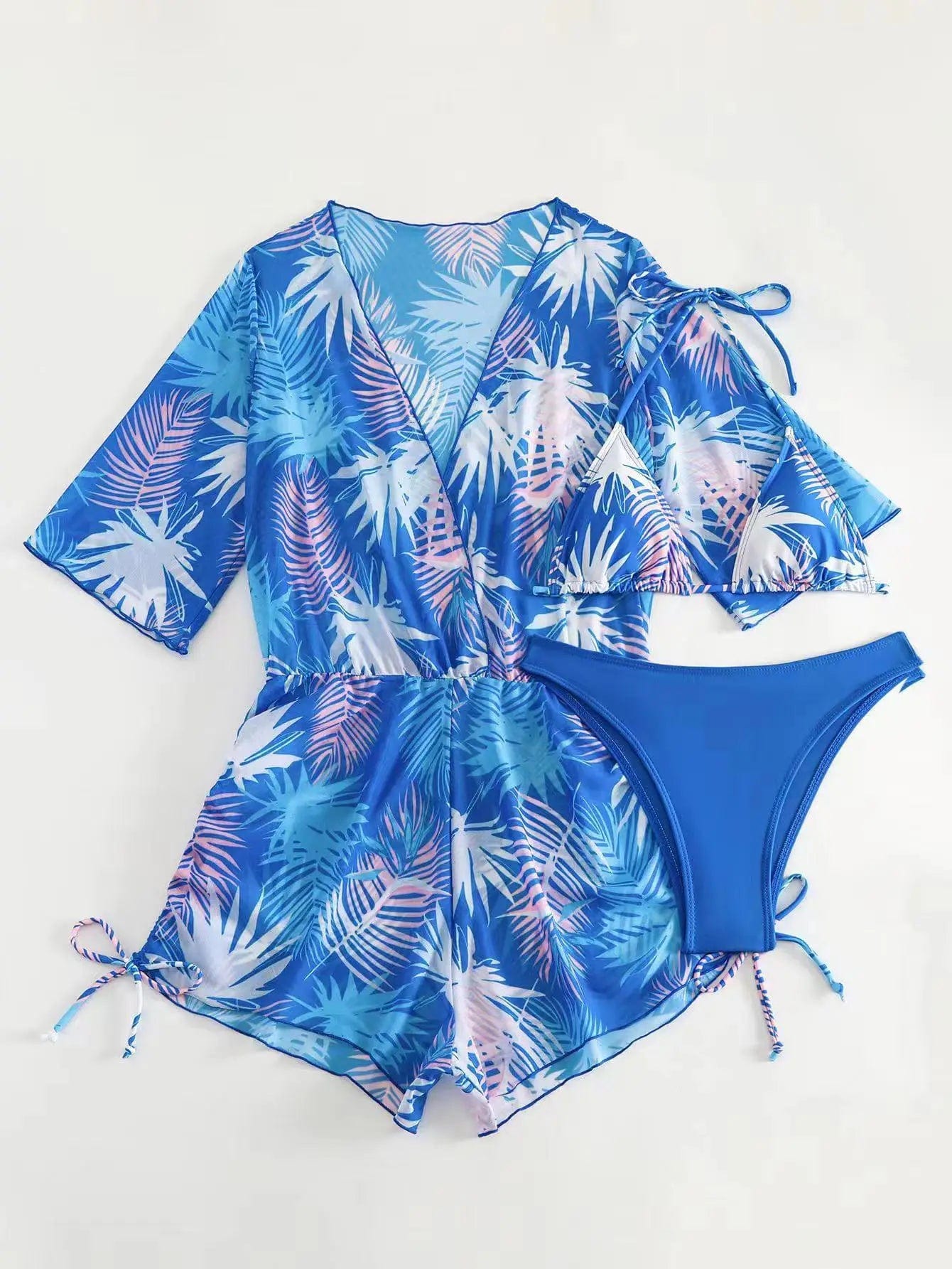 S-XL Bikini Three Piece Set Leaf print waist tied fashionable long sleeved beach sun proof swimsuit set  3pack