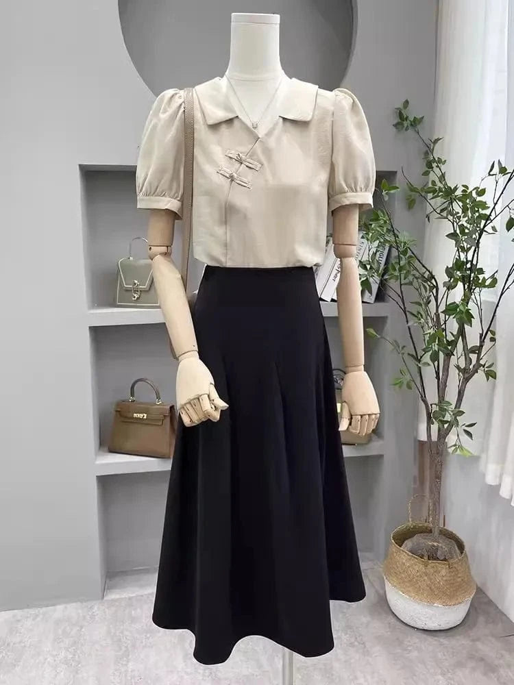 S-XL Irregular black high waisted suit skirt A-line mid length skirt