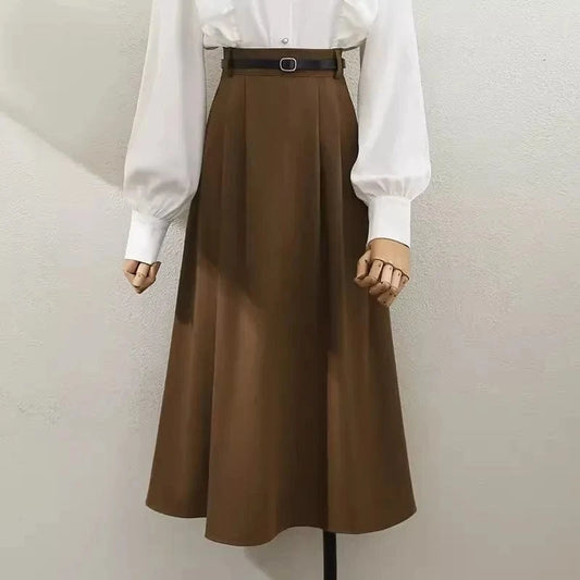 S-XL Professional commuting high waisted mid length skirt Women's temperament A-line large swing skirt