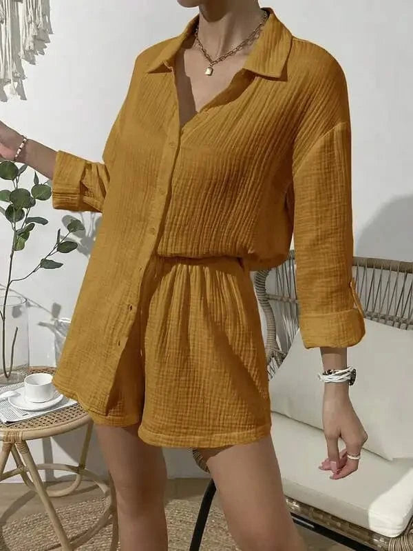S-XL Spring/Summer Fashion Solid Color Long sleeved Shirt Set Women's casual loose shorts two-piece set