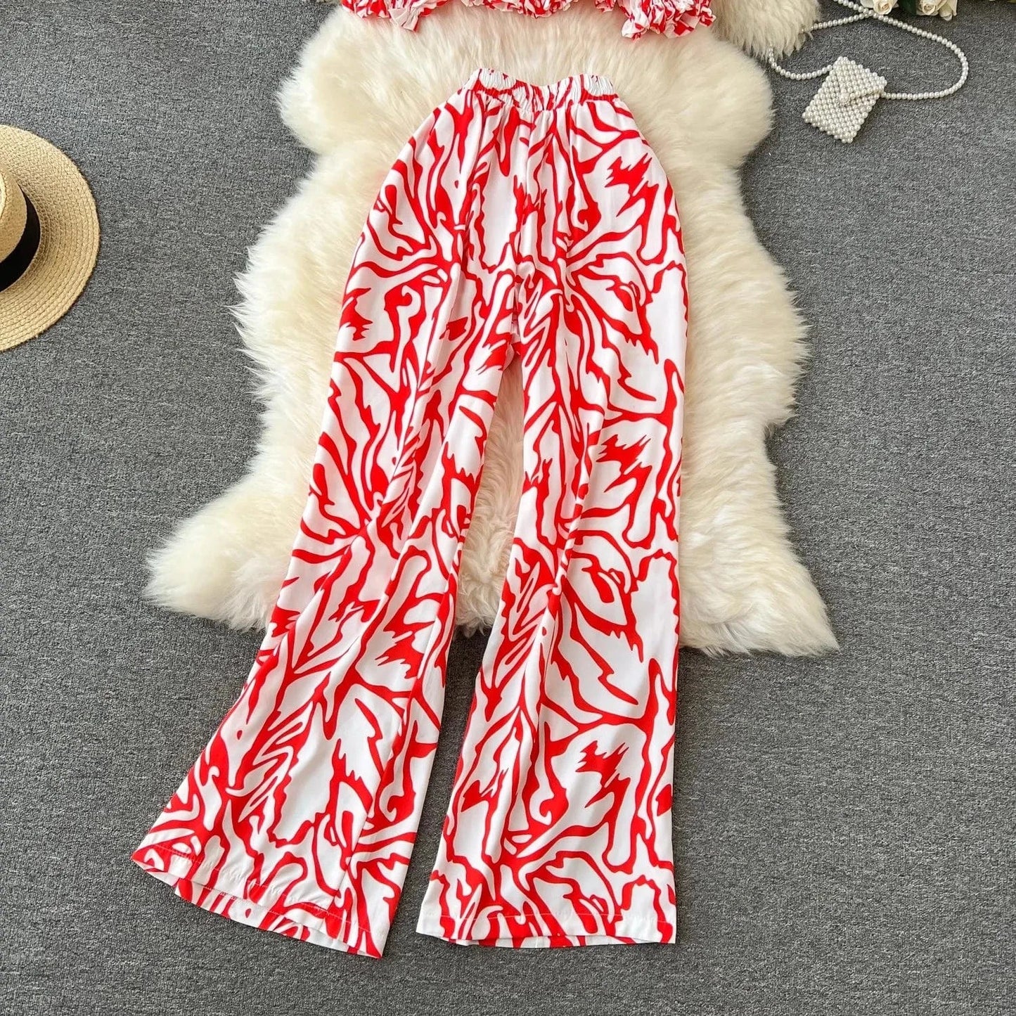 S-XL Tourism outfit Temperament One Shoulder Short Printed Top High waisted and wide leg printed pants two-piece set