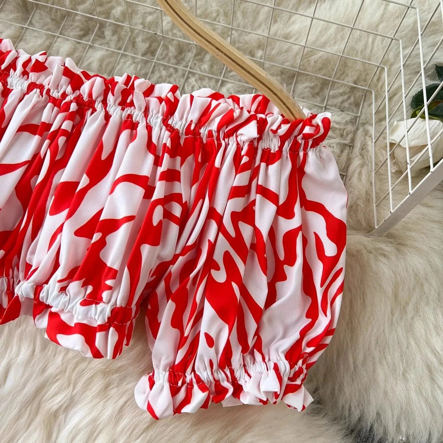 S-XL Tourism outfit Temperament One Shoulder Short Printed Top High waisted and wide leg printed pants two-piece set