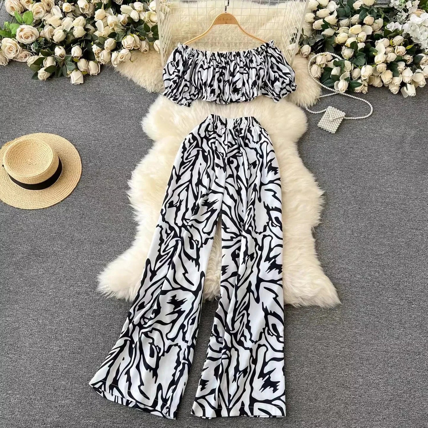 S-XL Tourism outfit Temperament One Shoulder Short Printed Top High waisted and wide leg printed pants two-piece set