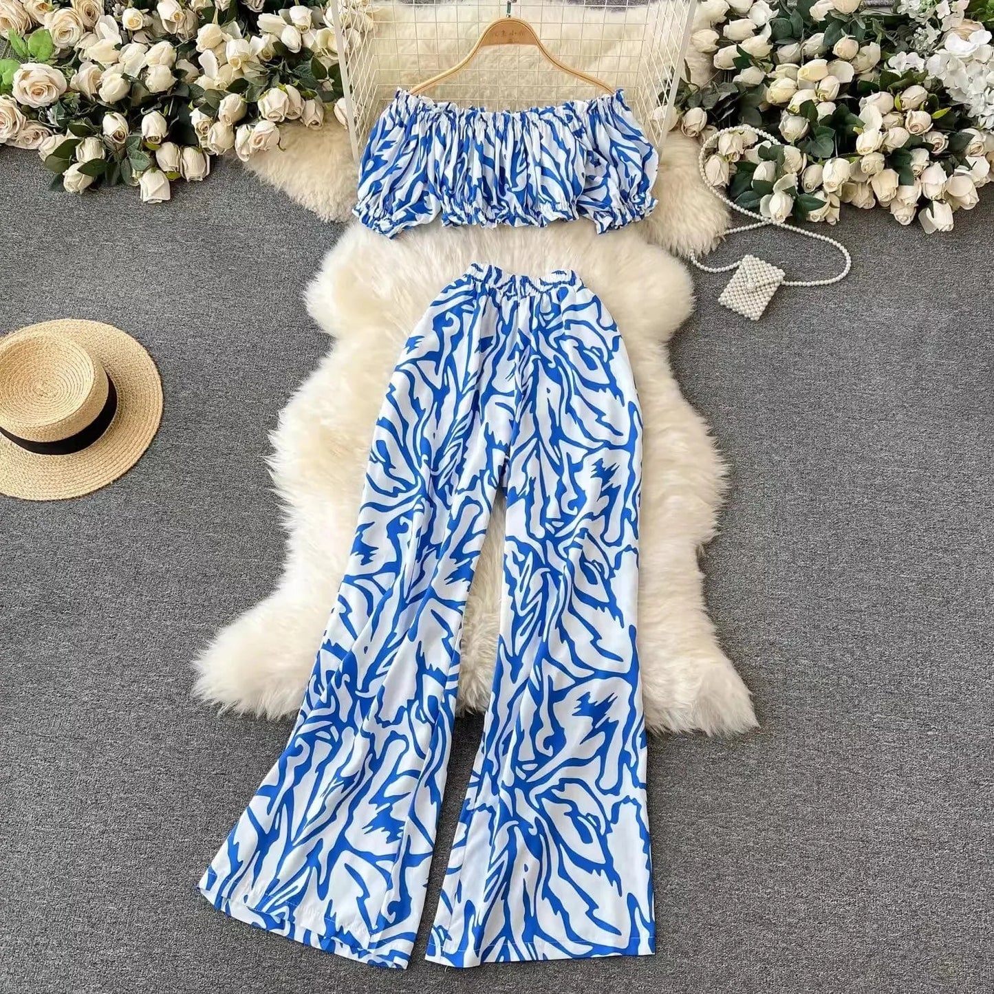 S-XL Tourism outfit Temperament One Shoulder Short Printed Top High waisted and wide leg printed pants two-piece set