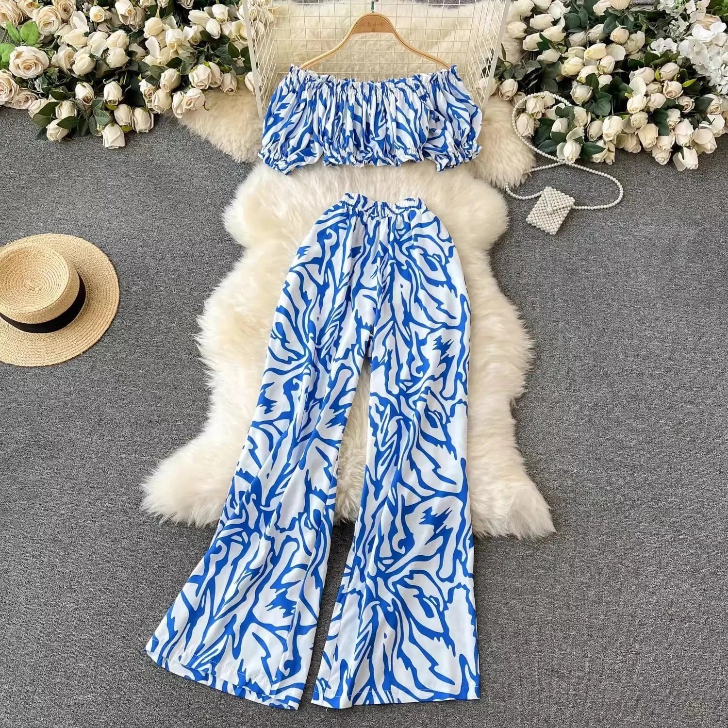 S-XL Tourism outfit Temperament One Shoulder Short Printed Top High waisted and wide leg printed pants two-piece set
