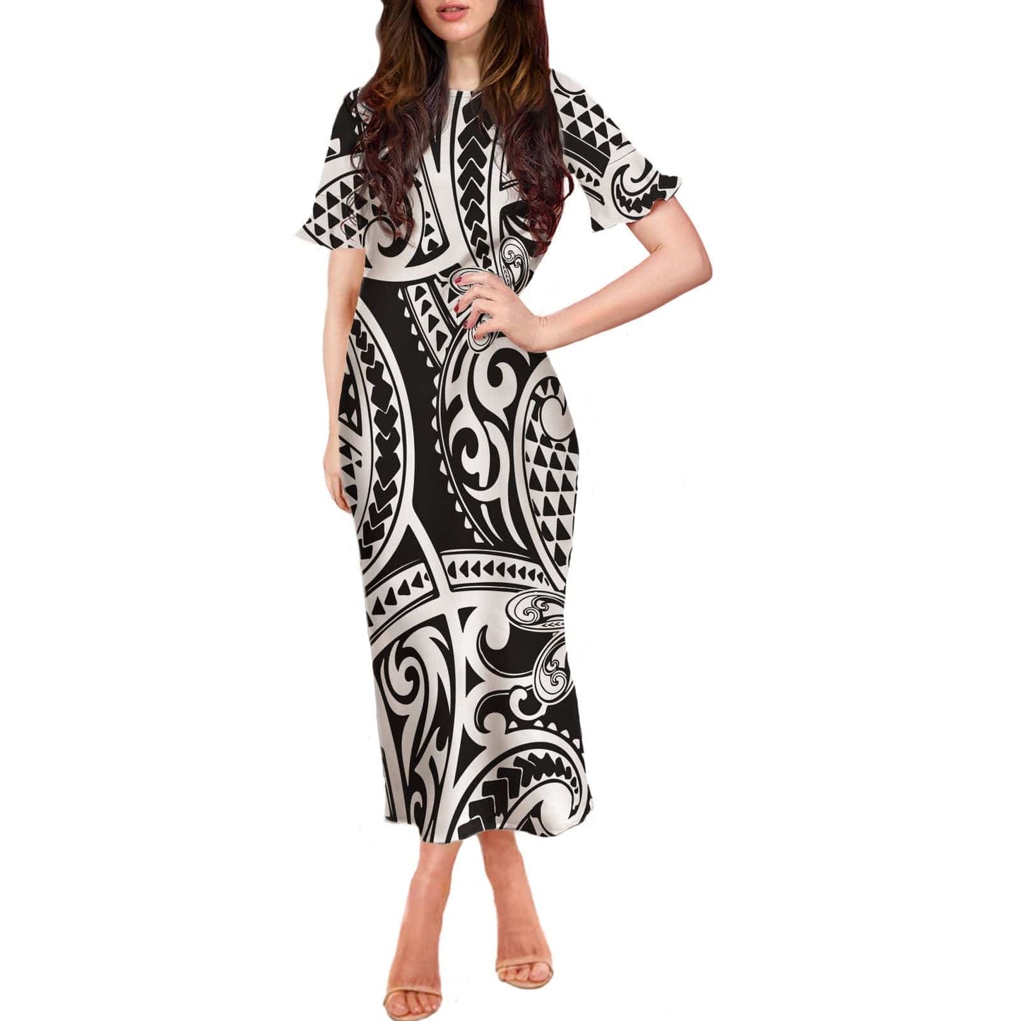 S / XMGW3816D90 Stretchy Women Sexy Dresses Samoan Polynesian Print Summer Customize Dresses Ruffle Short Sleeve Casual Long Womens Party Dress
