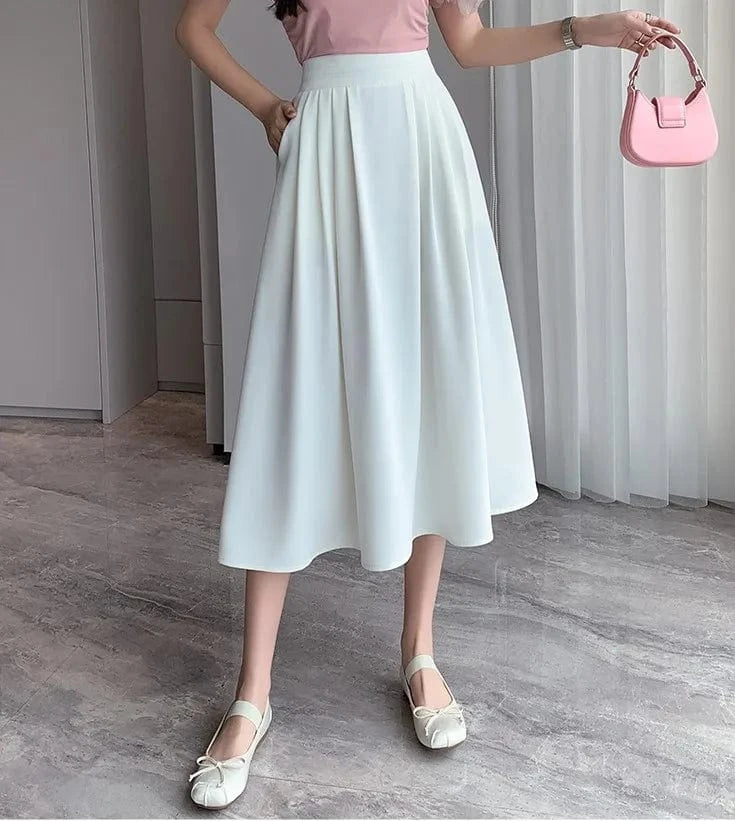 S-XXL Korean French A-line Umbrella Skirt Halflength Mid length Over Knee Pocket Folded Large Swing Skirt
