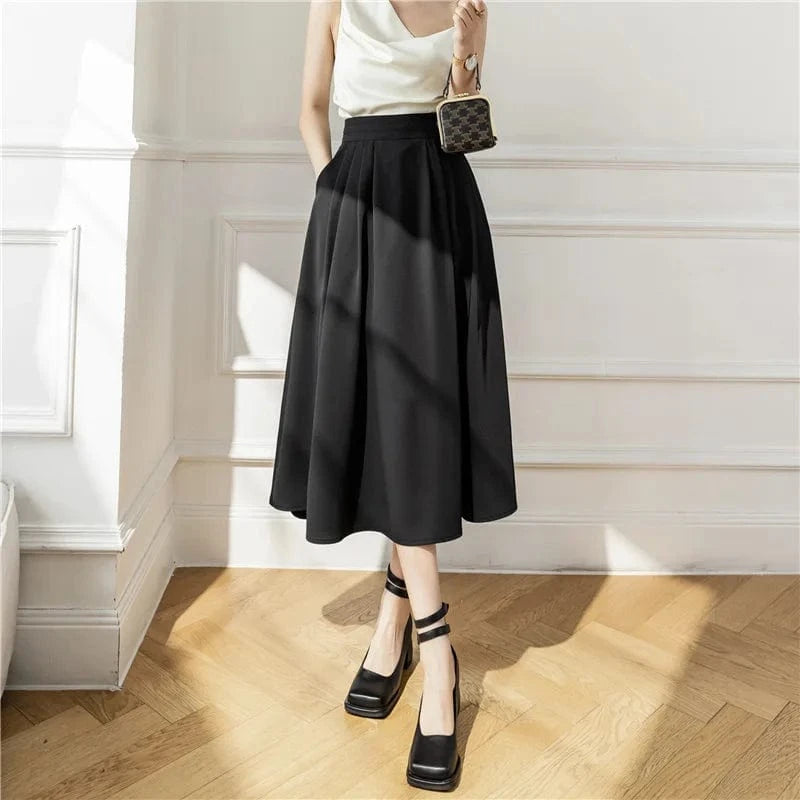 S-XXL Korean French A-line Umbrella Skirt Halflength Mid length Over Knee Pocket Folded Large Swing Skirt