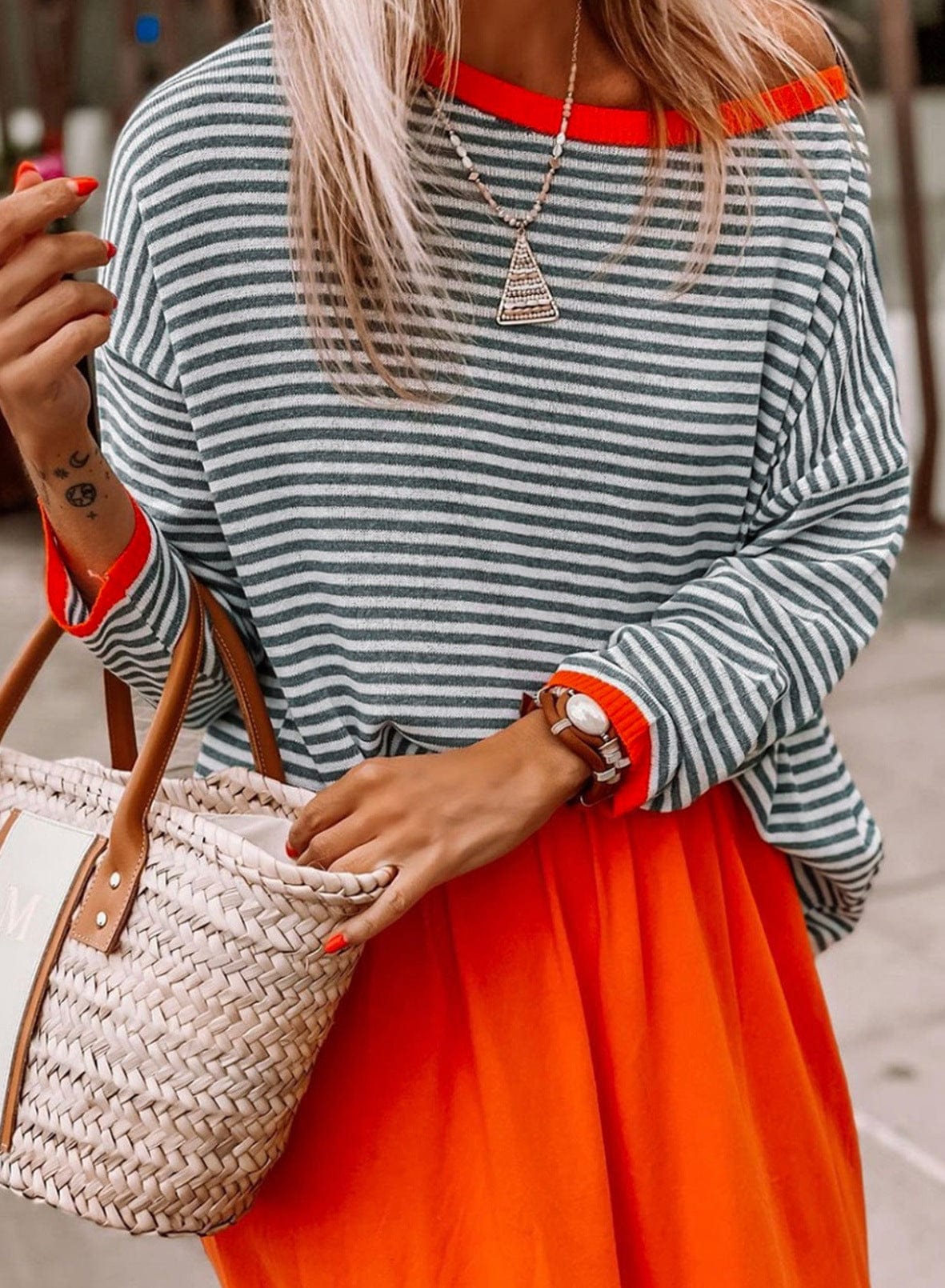S-XXL New Knitted Round Neck Sweater Casual Fashion Stripe Contrast Design Shoulder Drop Long Sleeve Top