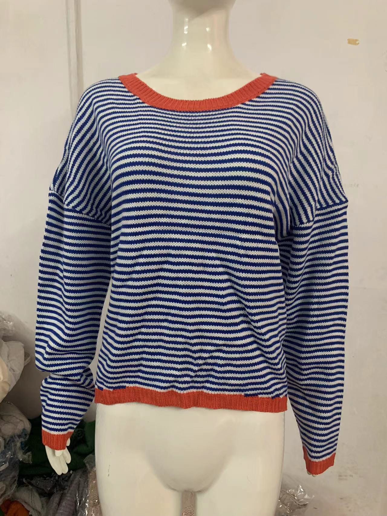 S-XXL New Knitted Round Neck Sweater Casual Fashion Stripe Contrast Design Shoulder Drop Long Sleeve Top