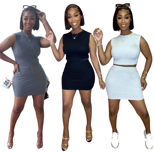 S-XXL  Solid color atmosphere contracted movement sleeveless skirt temperament match  short pants two piece for  women
