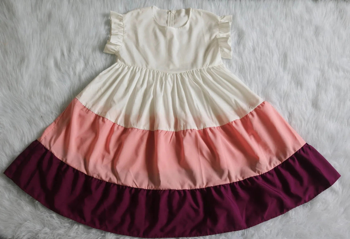 S-XXL Spring/Summer Round Neck Ruffle Edge Sleeves Contrast Panel Large hem Loose fitting Dress