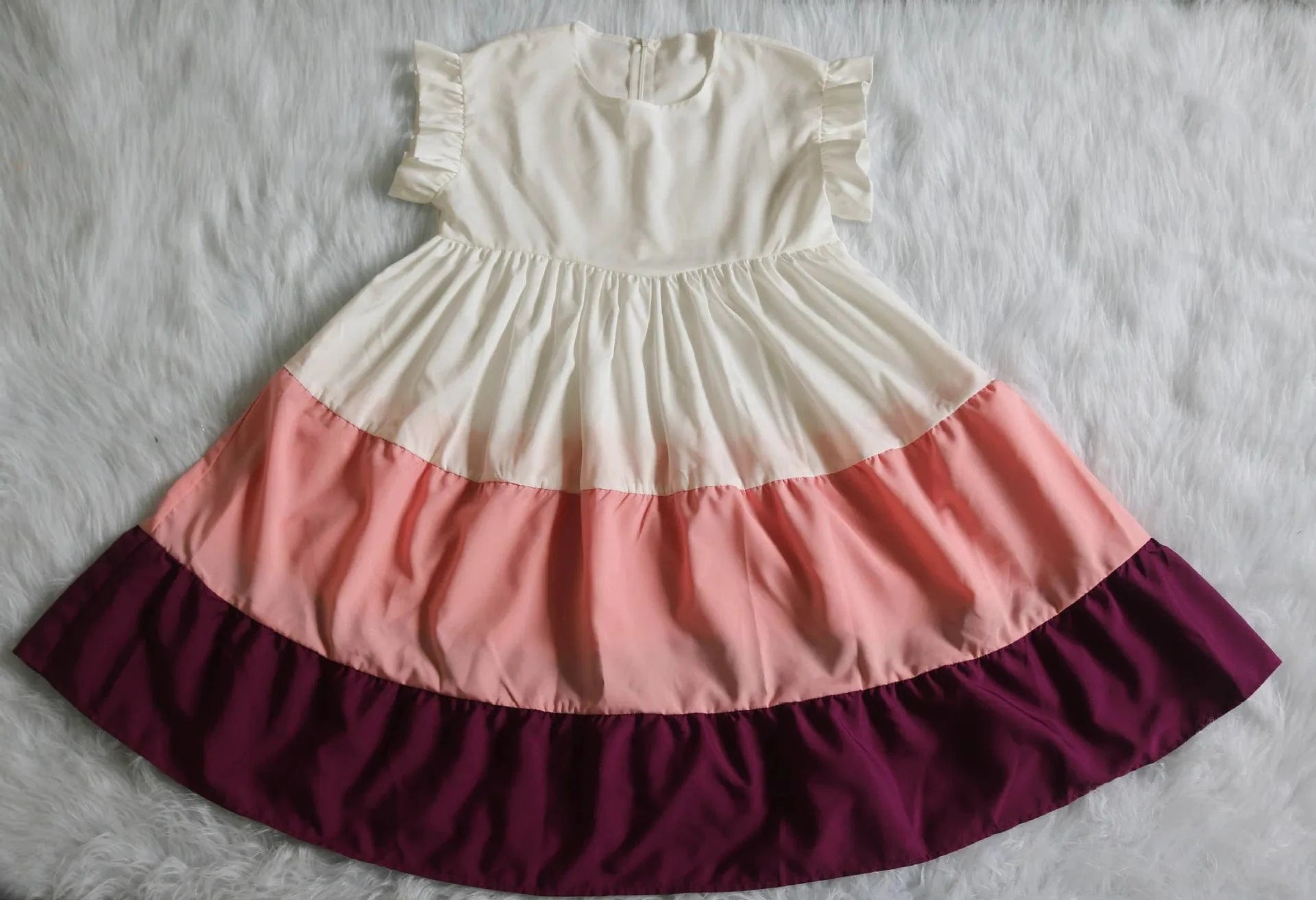 S-XXL Spring/Summer Round Neck Ruffle Edge Sleeves Contrast Panel Large hem Loose fitting Dress